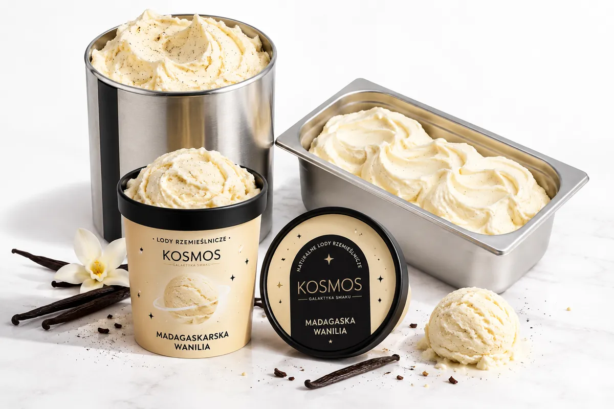 Lody waniliowe KOSMOS w cylindrze, kuwecie gastronomicznej i kubku