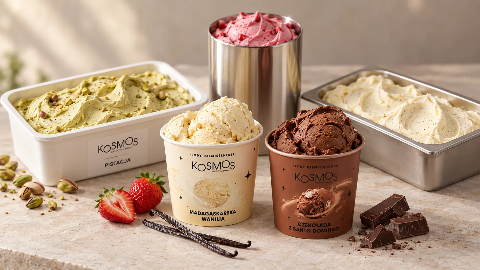 Lody KOSMOS w kubkach, cylindrze i kuwetach: wanilia, czekolada, pistacja i malina