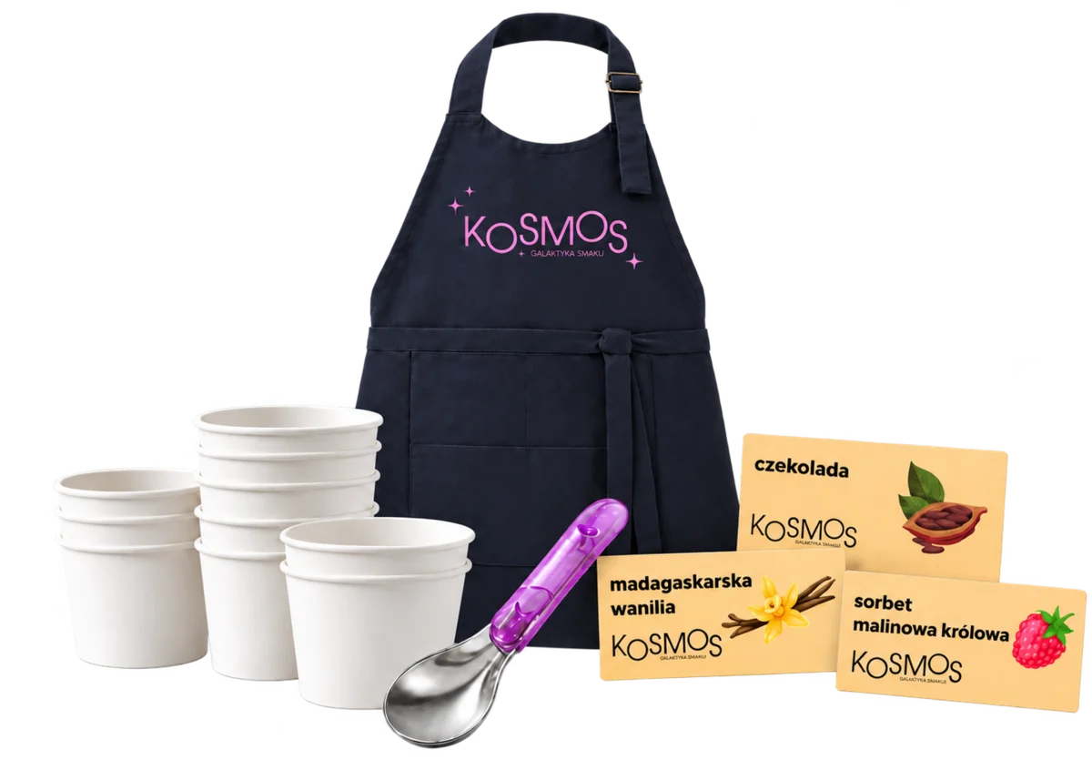 Zestaw startowy KOSMOS: kubeczki, fartuch, szpatułka i magnesy ze smakami